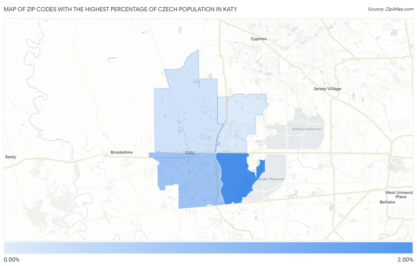 Zip Codes with the Highest Percentage of Czech Population in Katy Map