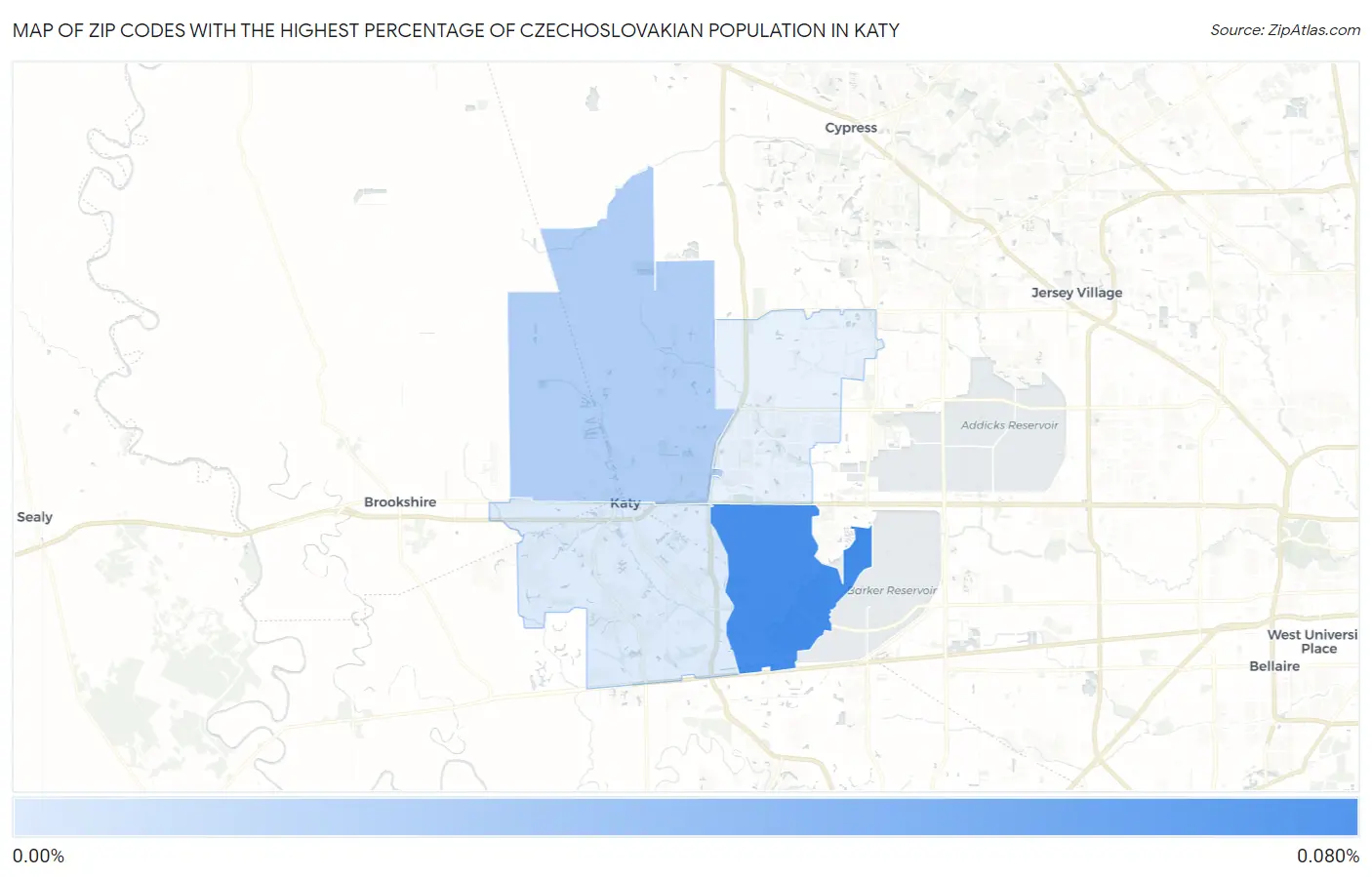 Zip Codes with the Highest Percentage of Czechoslovakian Population in Katy Map