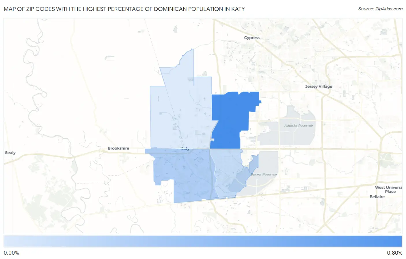 Zip Codes with the Highest Percentage of Dominican Population in Katy Map