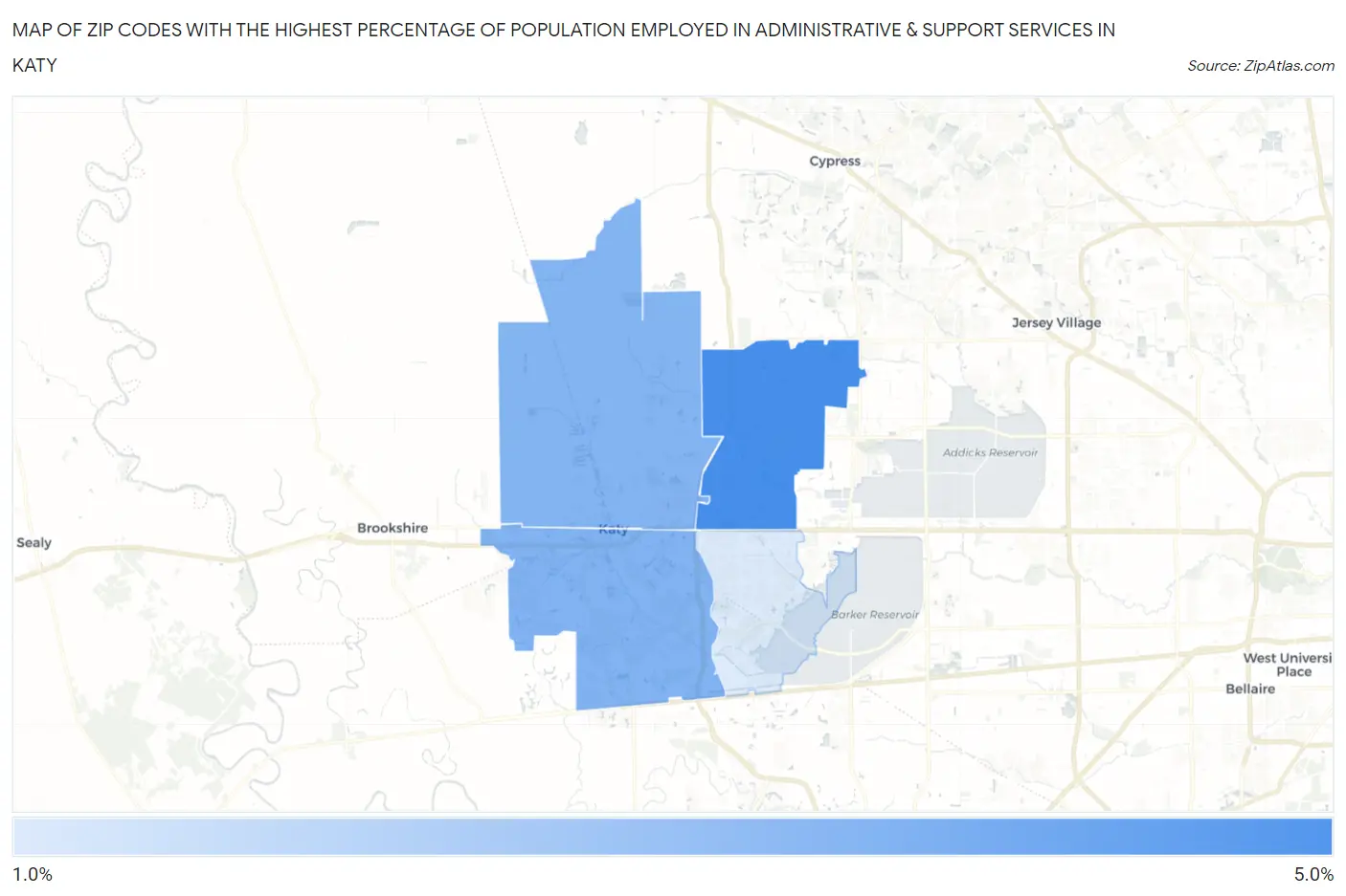 Zip Codes with the Highest Percentage of Population Employed in Administrative & Support Services in Katy Map