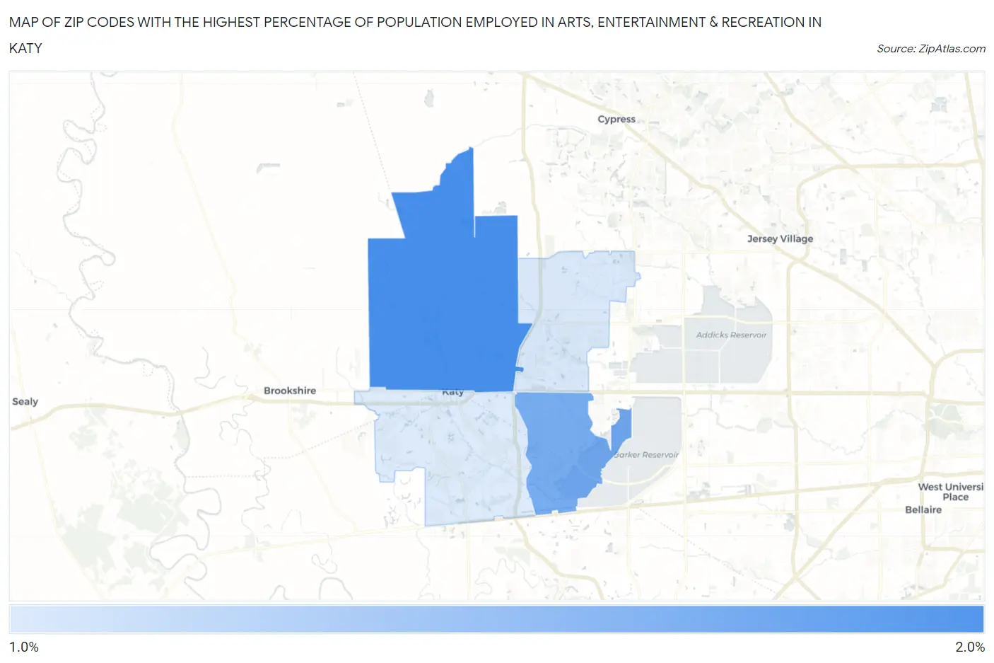 Zip Codes with the Highest Percentage of Population Employed in Arts, Entertainment & Recreation in Katy Map