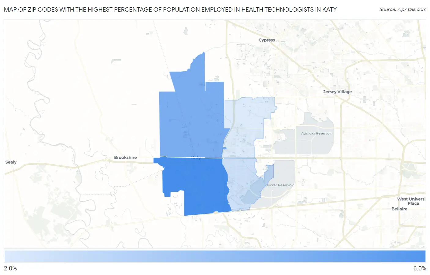 Zip Codes with the Highest Percentage of Population Employed in Health Technologists in Katy Map