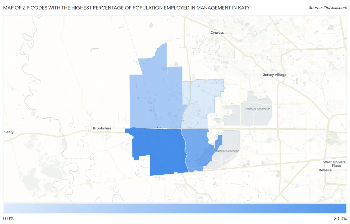 Zip Codes with the Highest Percentage of Population Employed in Management in Katy Map