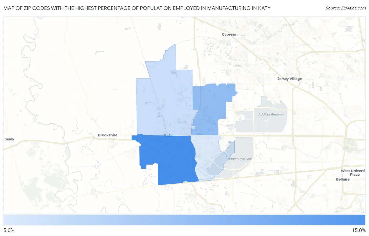 Zip Codes with the Highest Percentage of Population Employed in Manufacturing in Katy Map