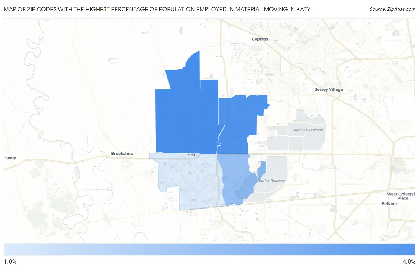 Zip Codes with the Highest Percentage of Population Employed in Material Moving in Katy Map