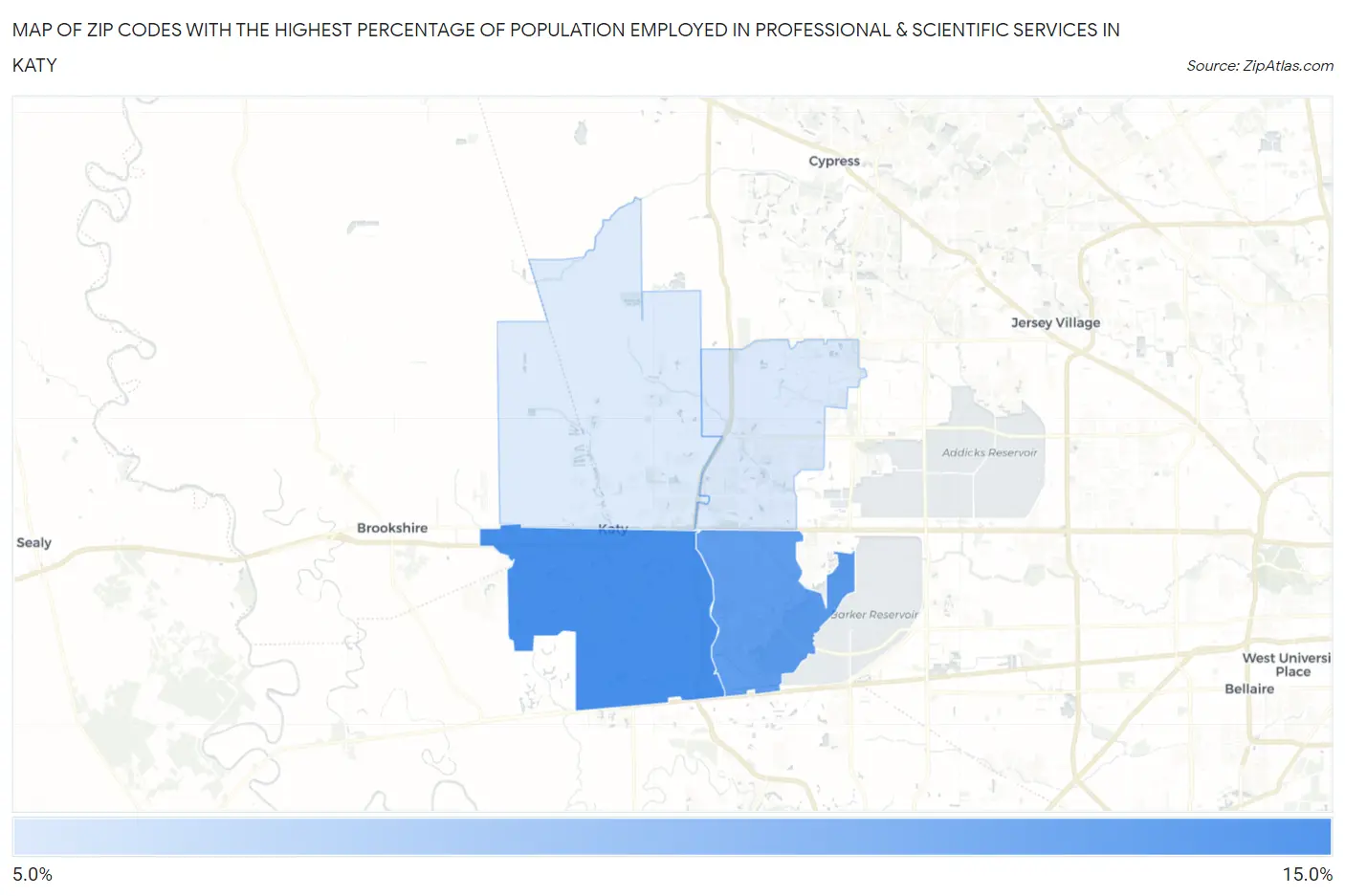 Zip Codes with the Highest Percentage of Population Employed in Professional & Scientific Services in Katy Map