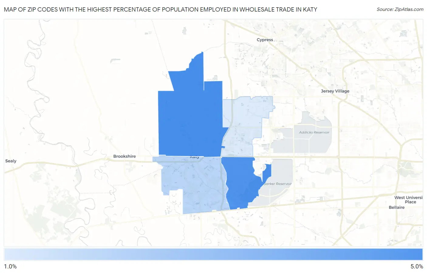 Zip Codes with the Highest Percentage of Population Employed in Wholesale Trade in Katy Map