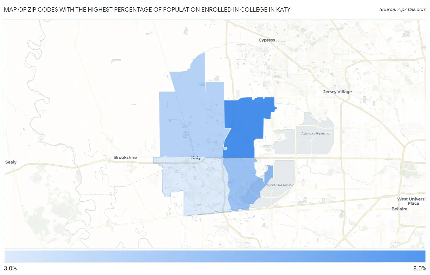 Zip Codes with the Highest Percentage of Population Enrolled in College in Katy Map