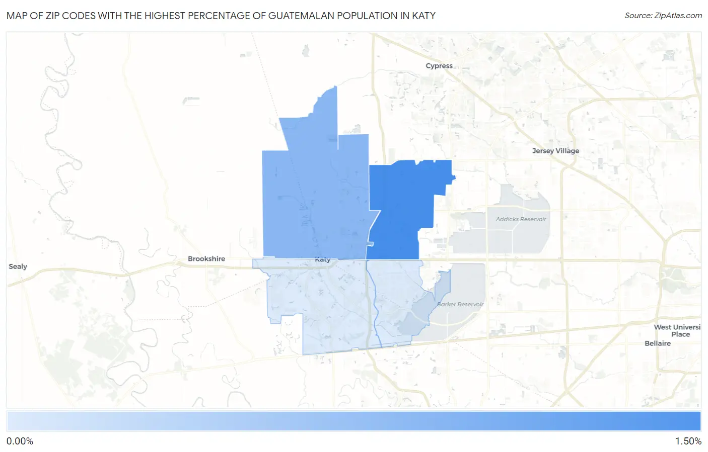 Zip Codes with the Highest Percentage of Guatemalan Population in Katy Map