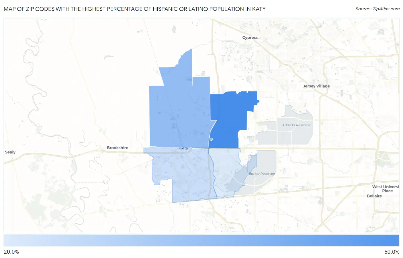 Zip Codes with the Highest Percentage of Hispanic or Latino Population in Katy Map
