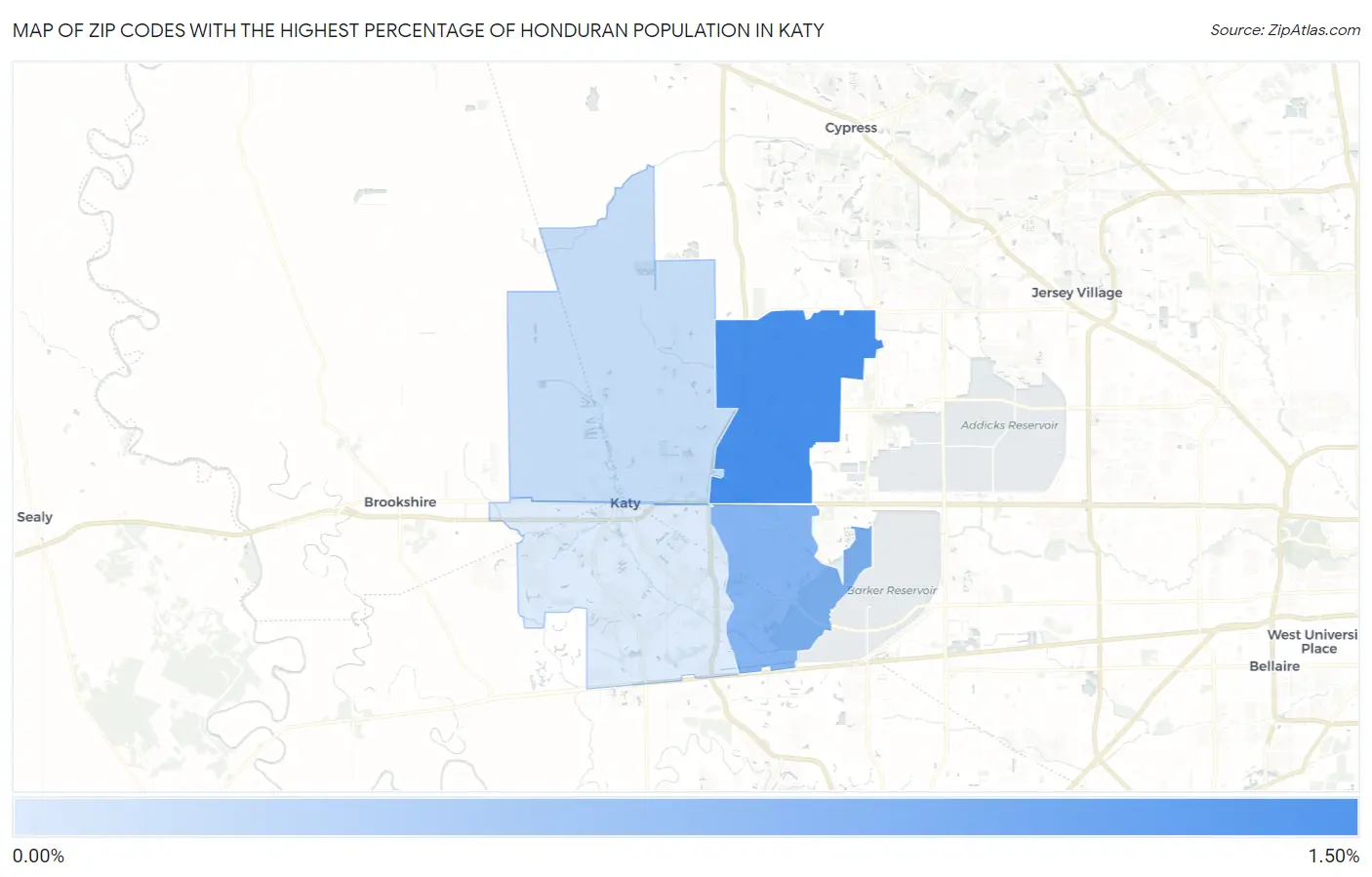 Zip Codes with the Highest Percentage of Honduran Population in Katy Map