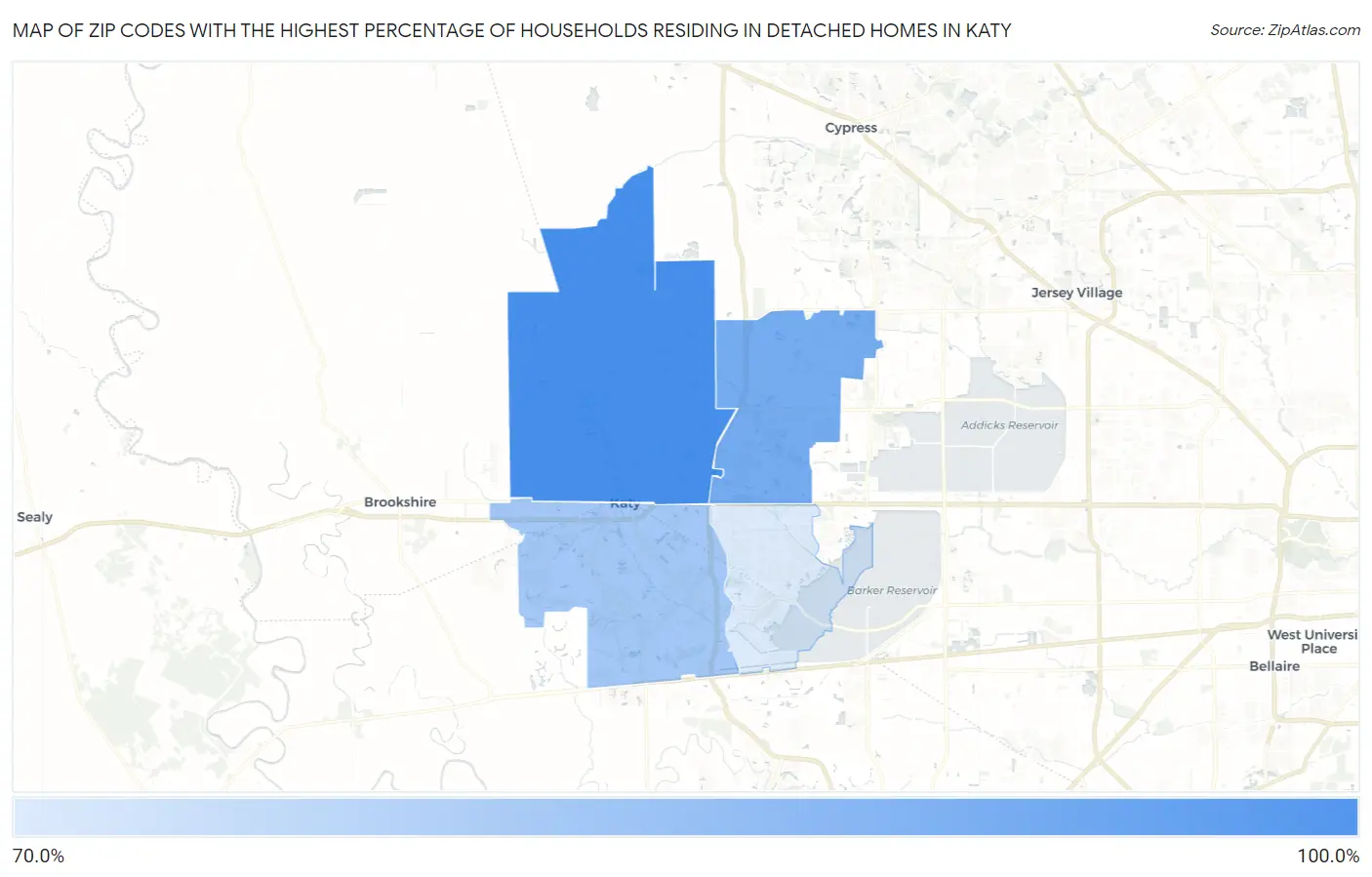 Zip Codes with the Highest Percentage of Households Residing in Detached Homes in Katy Map