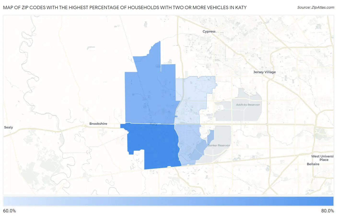 Zip Codes with the Highest Percentage of Households With Two or more Vehicles in Katy Map