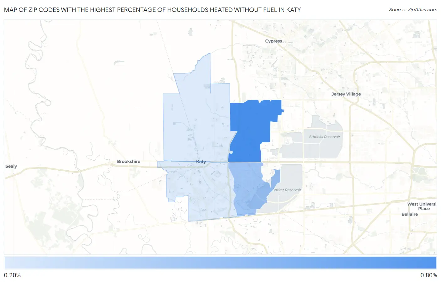 Zip Codes with the Highest Percentage of Households Heated without Fuel in Katy Map