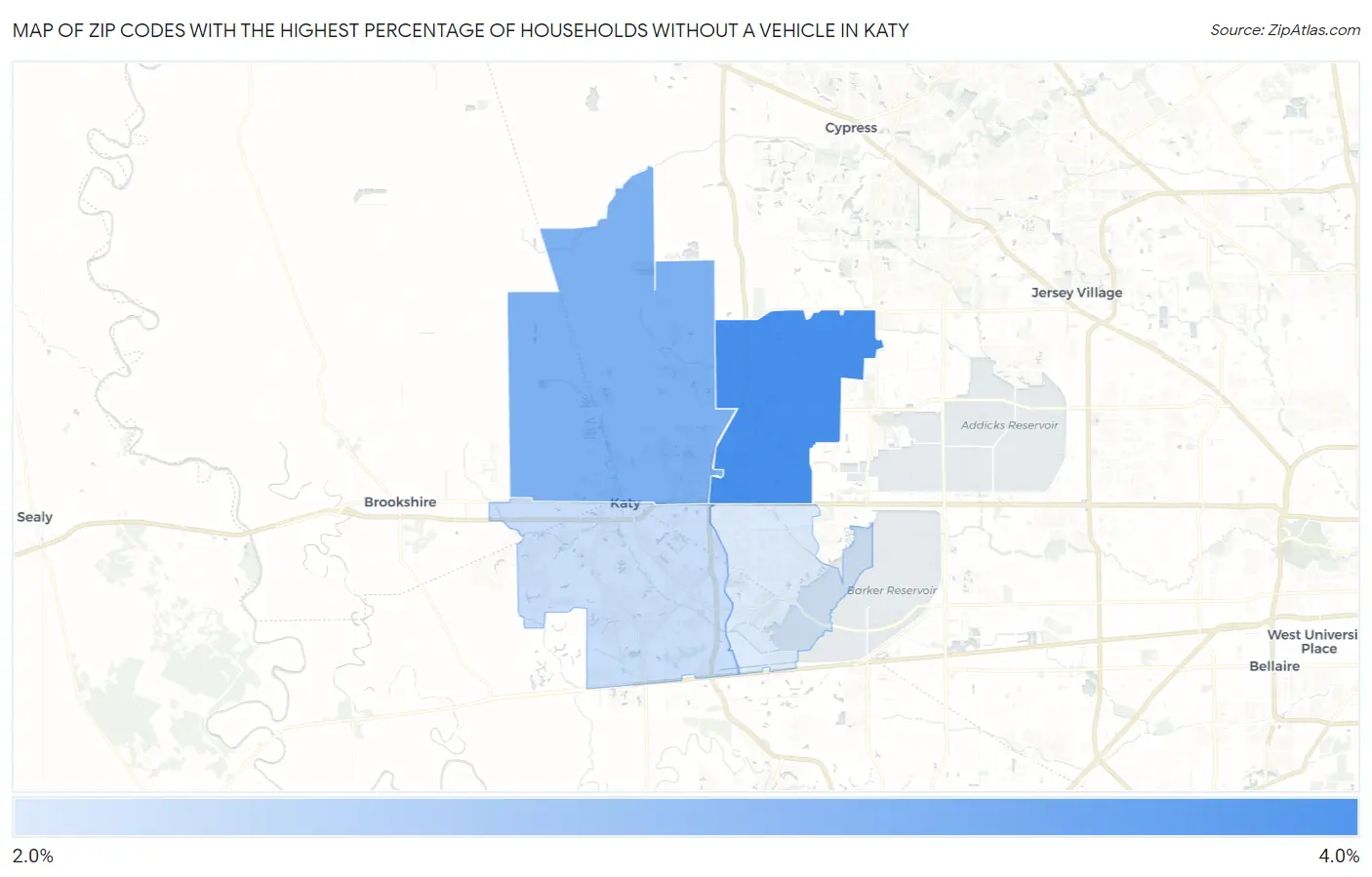 Zip Codes with the Highest Percentage of Households Without a Vehicle in Katy Map