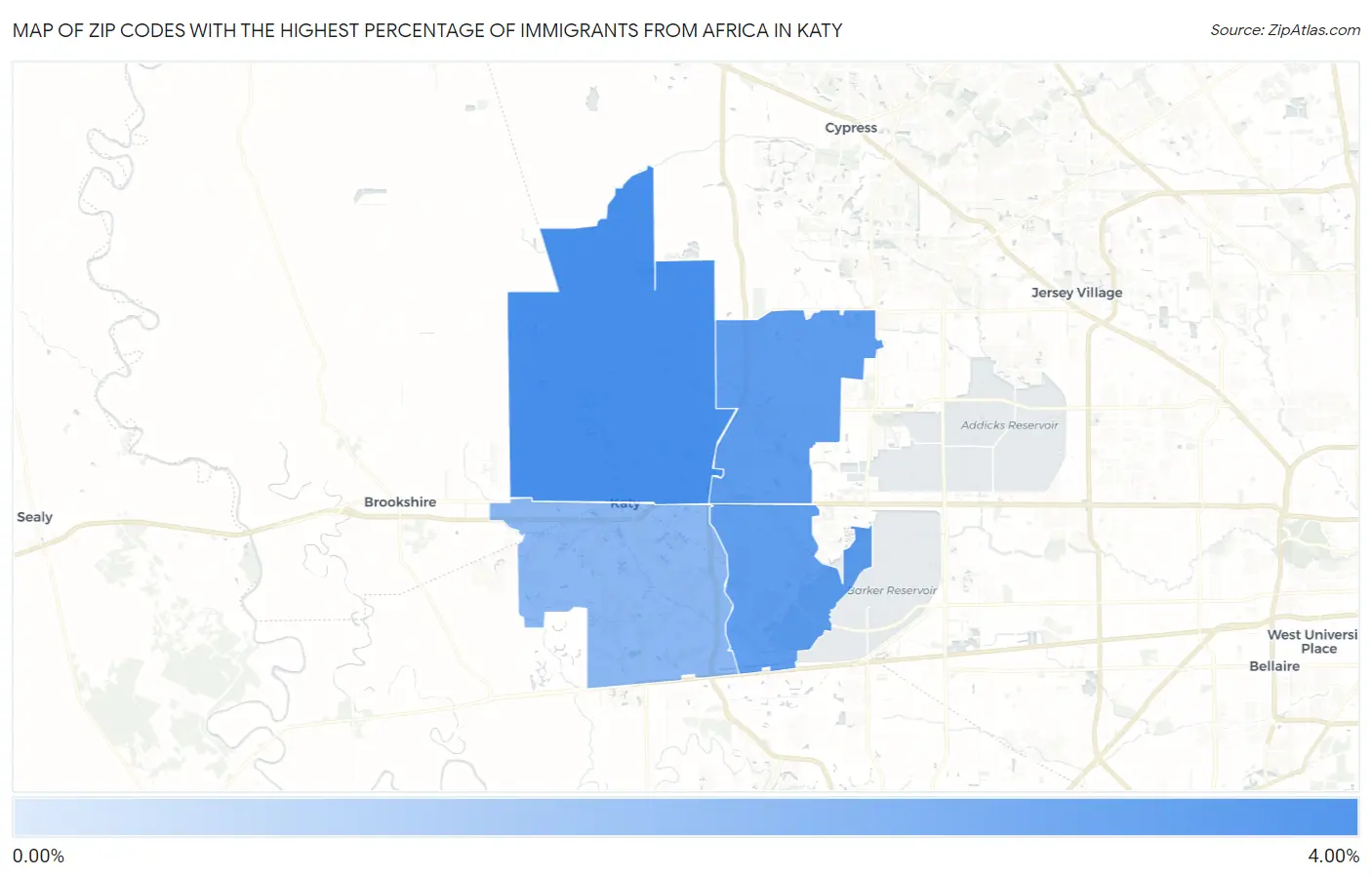 Zip Codes with the Highest Percentage of Immigrants from Africa in Katy Map