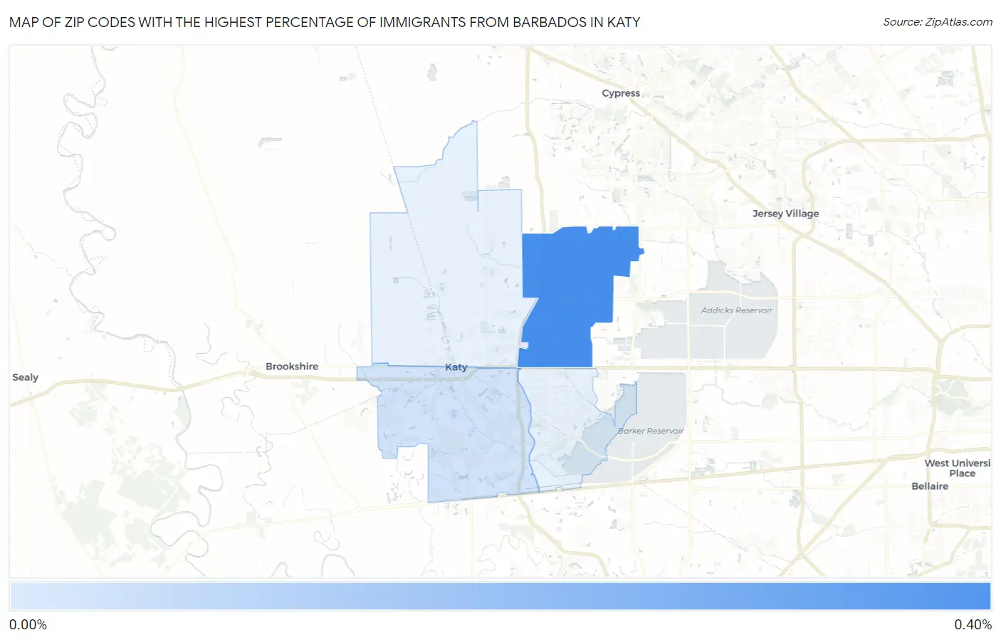 Zip Codes with the Highest Percentage of Immigrants from Barbados in Katy Map