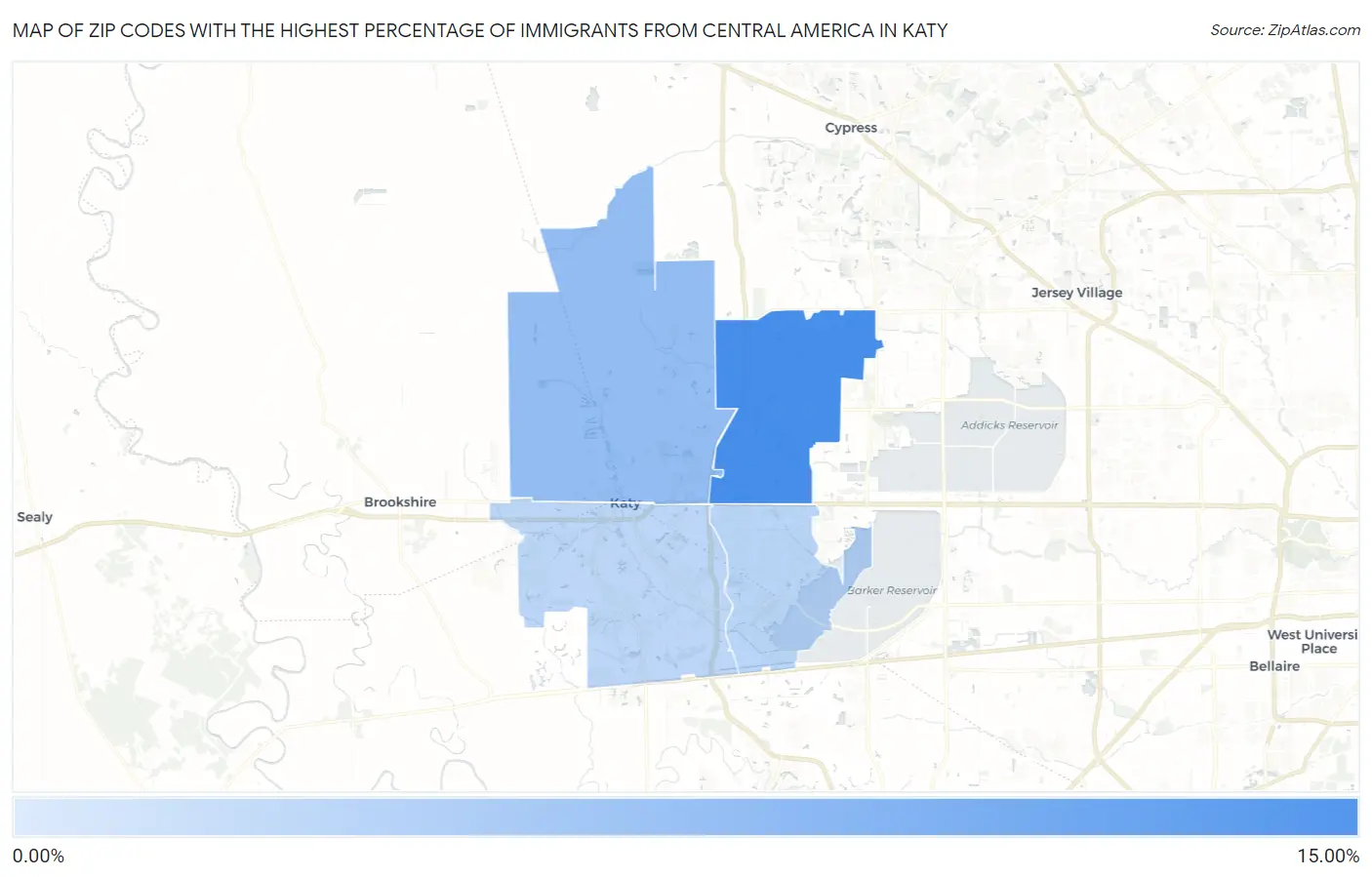 Zip Codes with the Highest Percentage of Immigrants from Central America in Katy Map