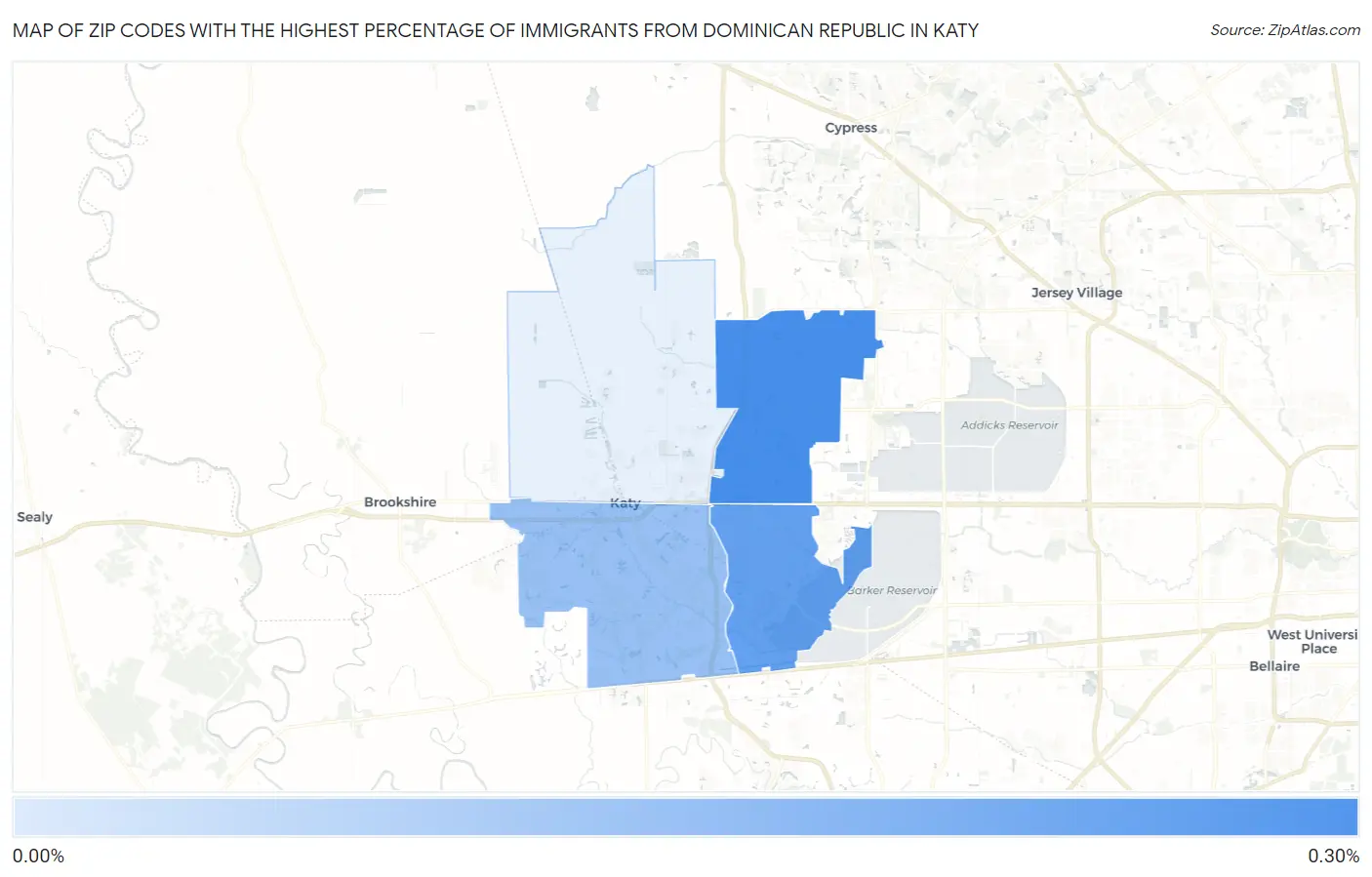 Zip Codes with the Highest Percentage of Immigrants from Dominican Republic in Katy Map