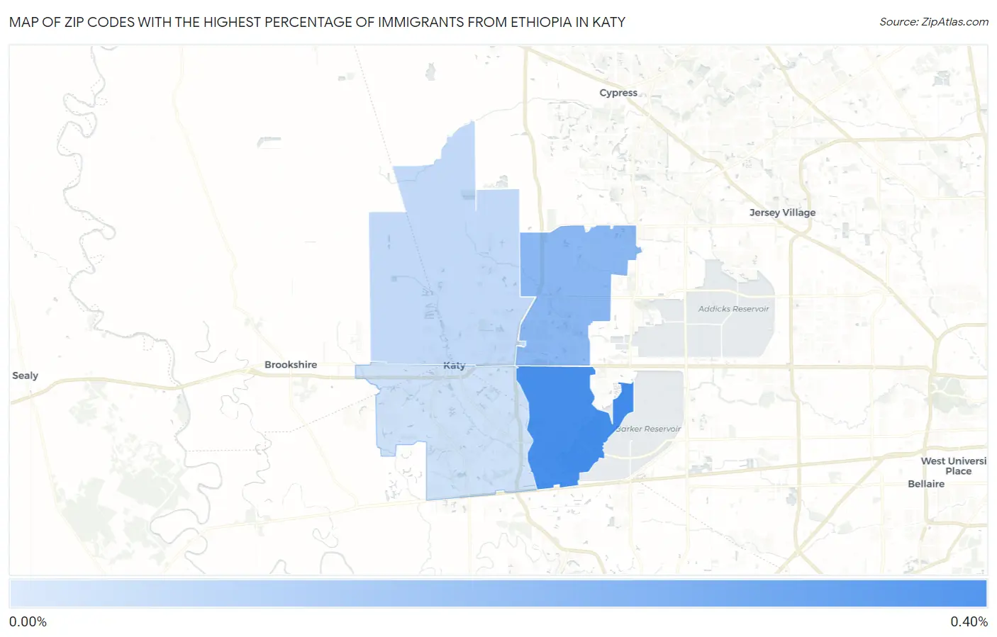 Zip Codes with the Highest Percentage of Immigrants from Ethiopia in Katy Map