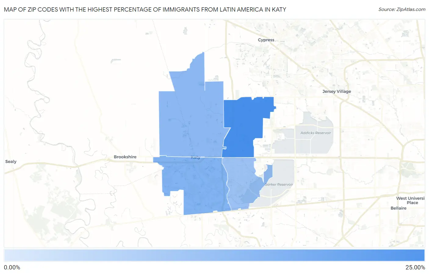 Zip Codes with the Highest Percentage of Immigrants from Latin America in Katy Map