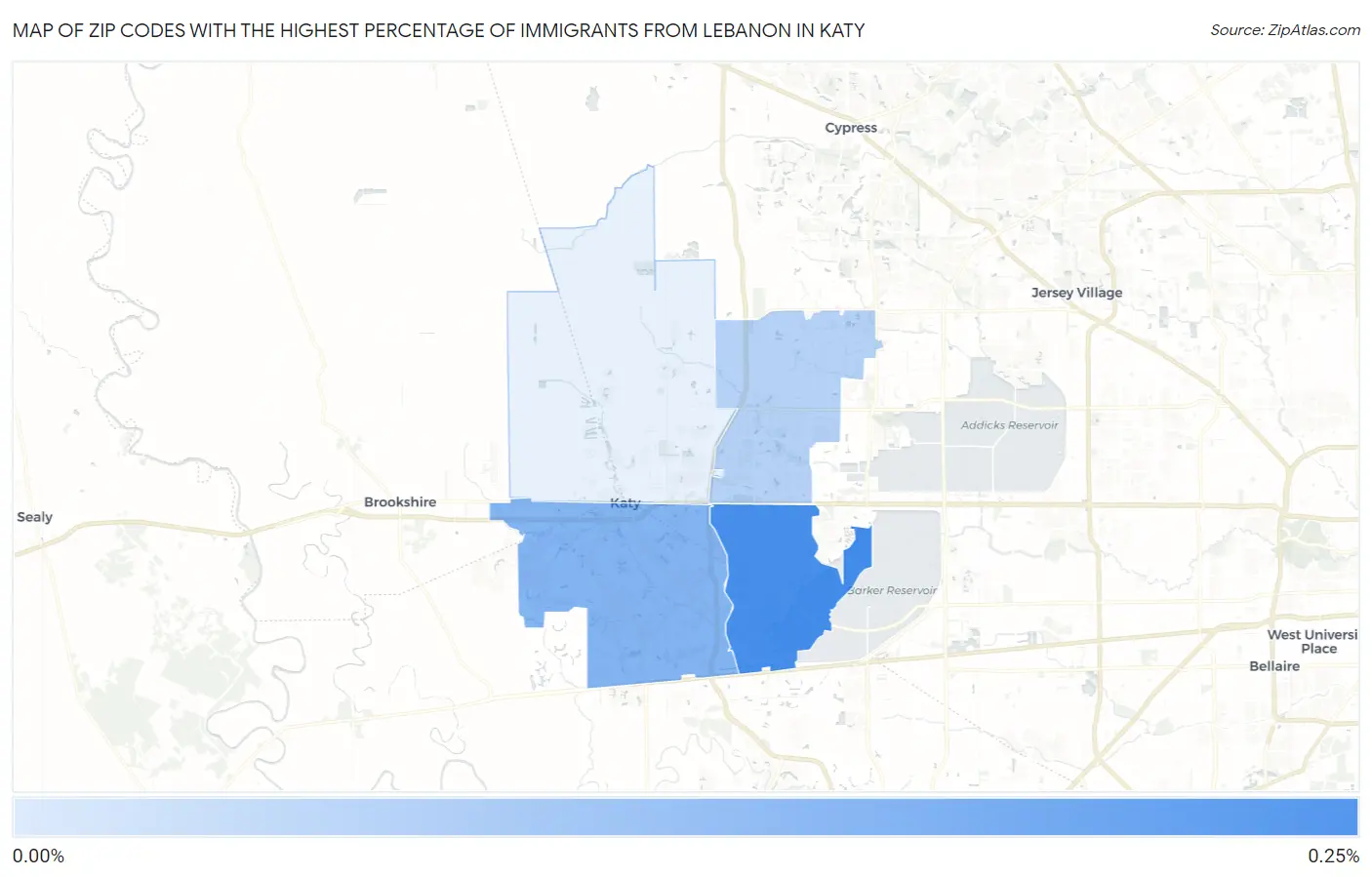 Zip Codes with the Highest Percentage of Immigrants from Lebanon in Katy Map