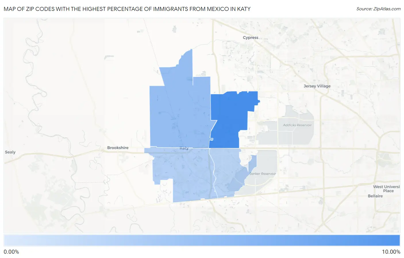 Zip Codes with the Highest Percentage of Immigrants from Mexico in Katy Map
