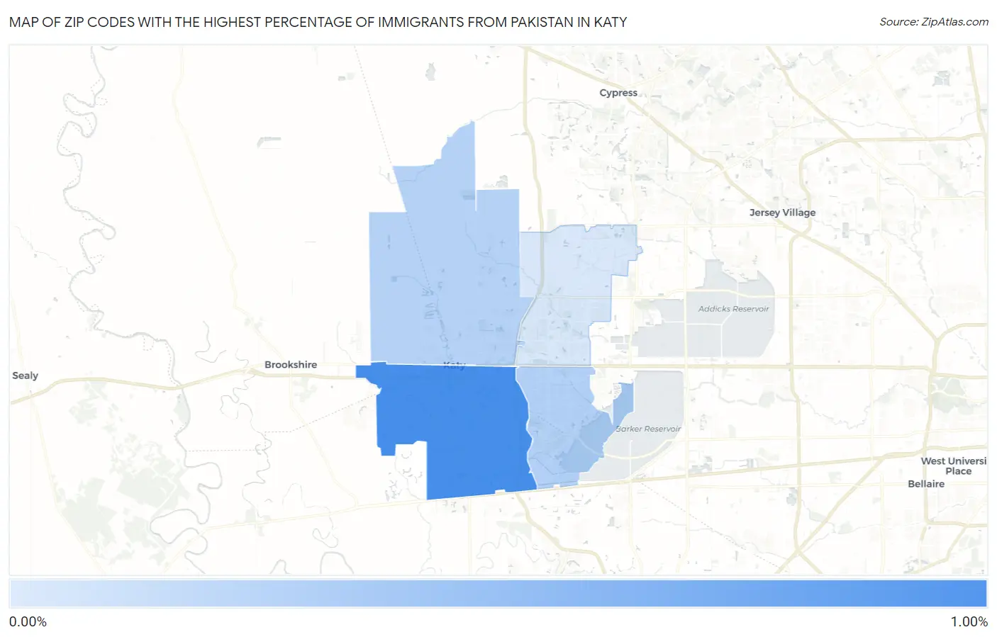 Zip Codes with the Highest Percentage of Immigrants from Pakistan in Katy Map