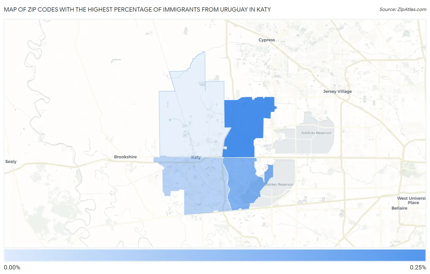 Zip Codes with the Highest Percentage of Immigrants from Uruguay in Katy Map