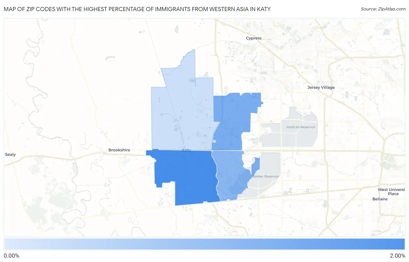 Zip Codes with the Highest Percentage of Immigrants from Western Asia in Katy Map