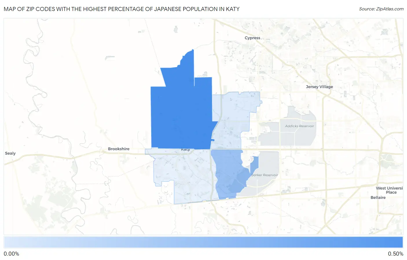 Zip Codes with the Highest Percentage of Japanese Population in Katy Map