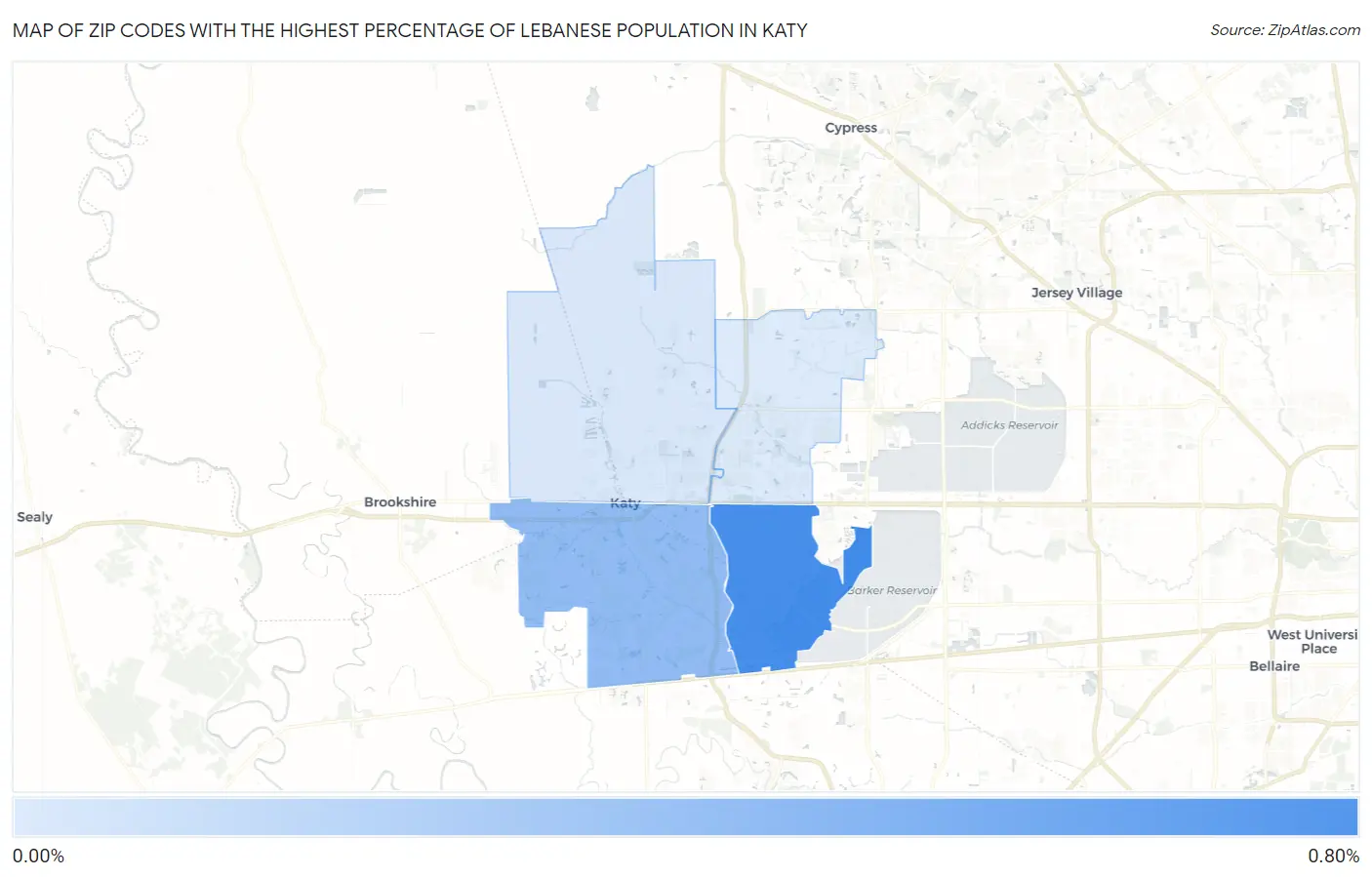 Zip Codes with the Highest Percentage of Lebanese Population in Katy Map