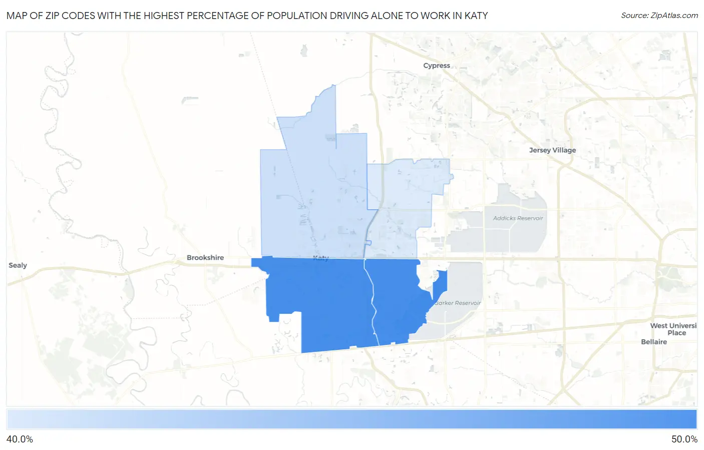 Zip Codes with the Highest Percentage of Population Driving Alone to Work in Katy Map