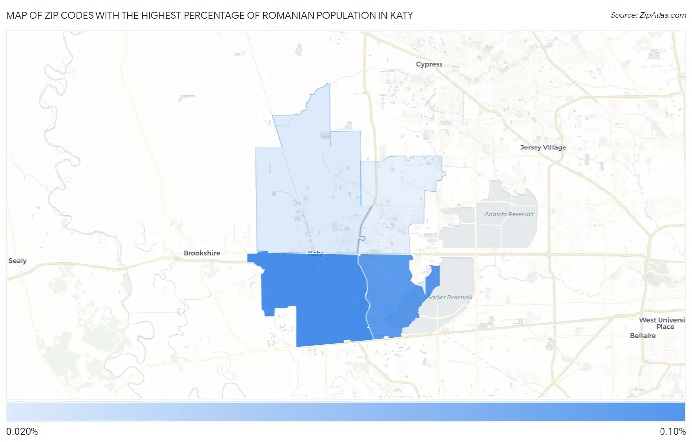 Zip Codes with the Highest Percentage of Romanian Population in Katy Map