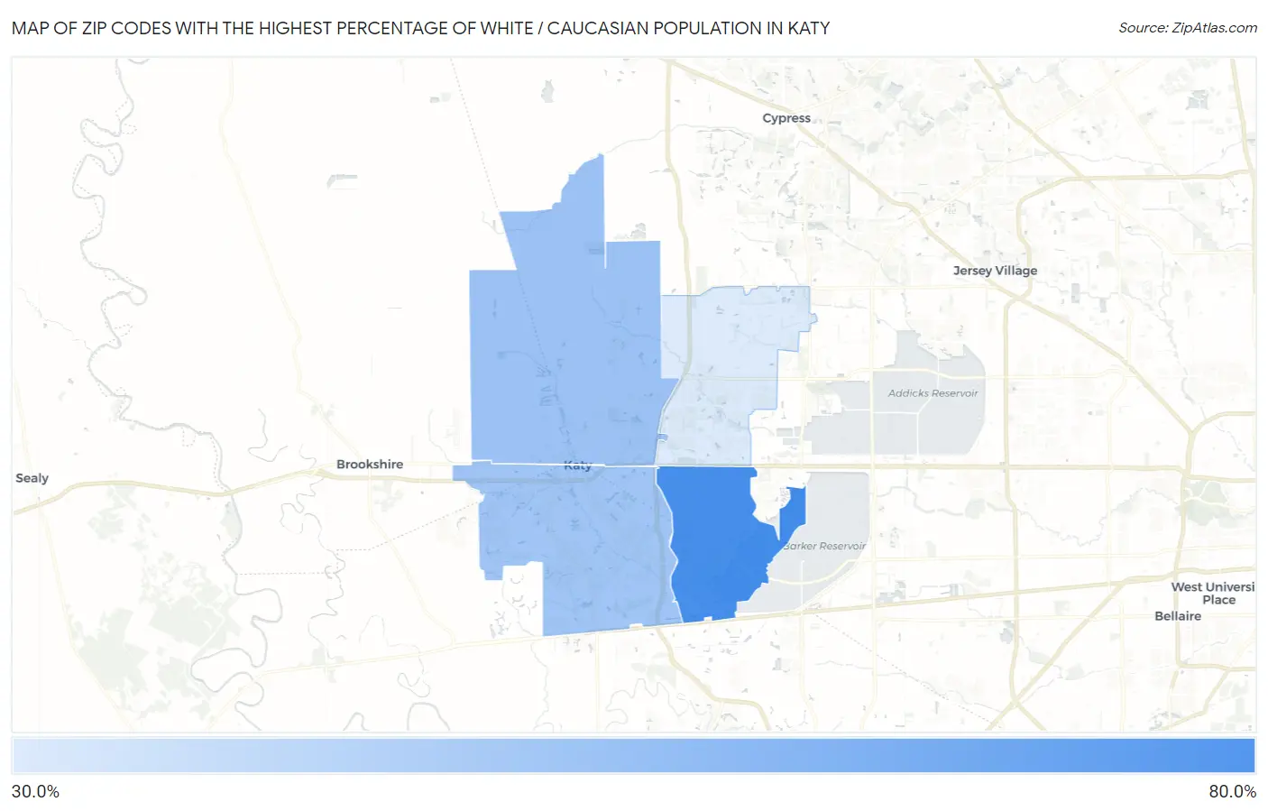 Zip Codes with the Highest Percentage of White / Caucasian Population in Katy Map