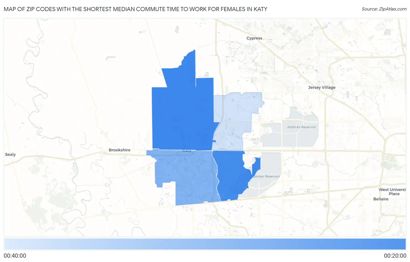 Zip Codes with the Shortest Median Commute Time to Work for Females in Katy Map