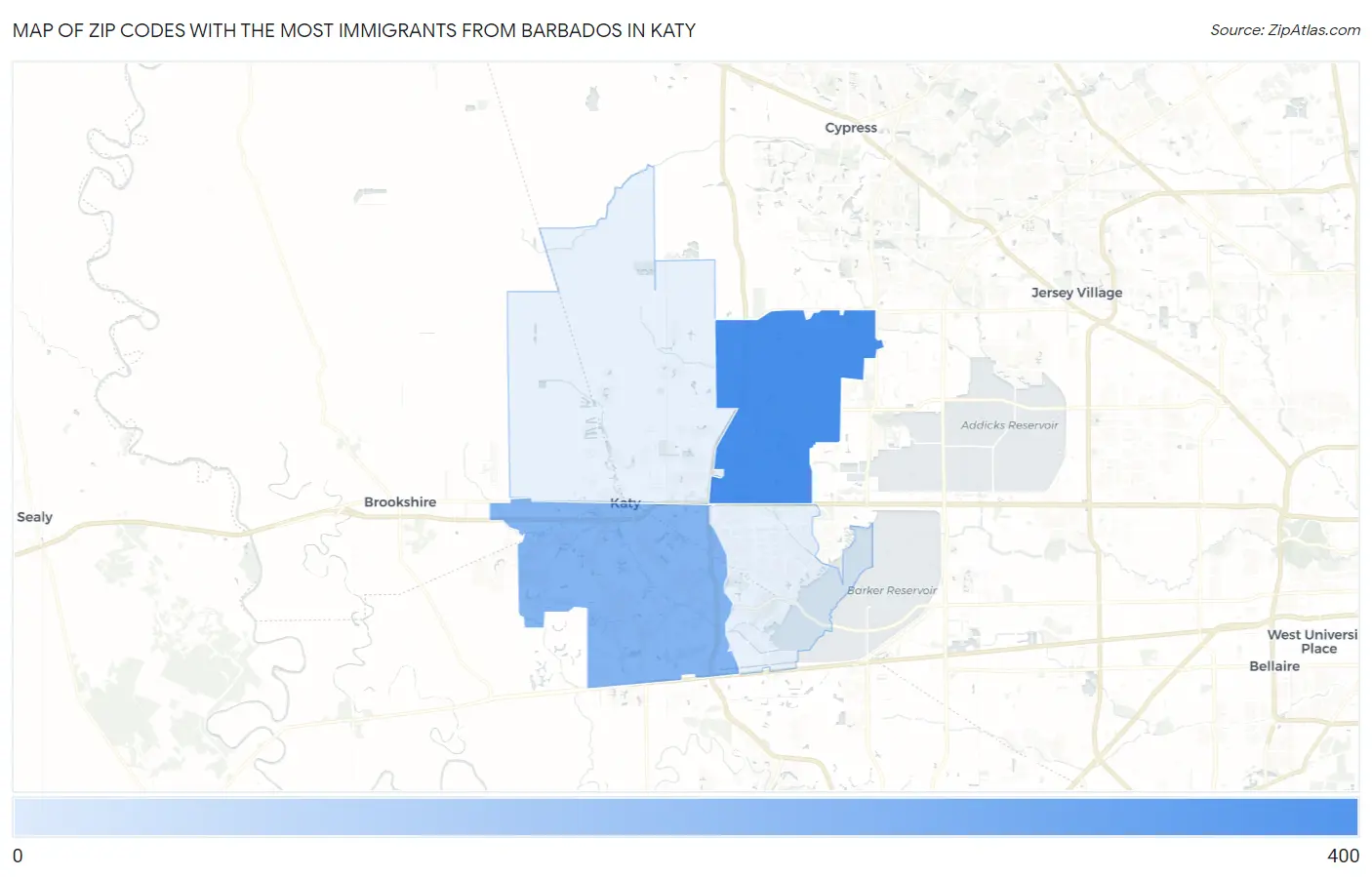 Zip Codes with the Most Immigrants from Barbados in Katy Map