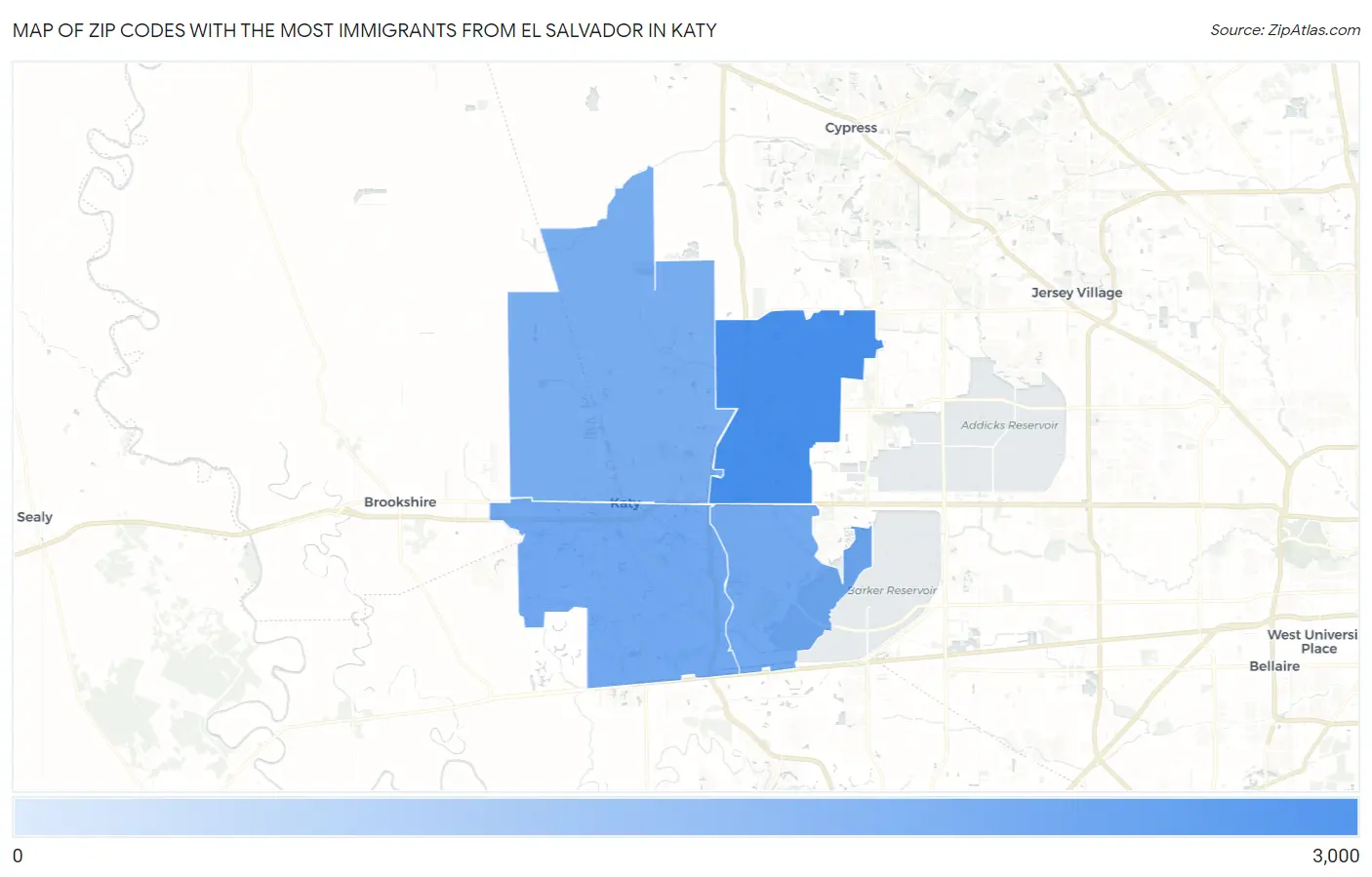 Zip Codes with the Most Immigrants from El Salvador in Katy Map