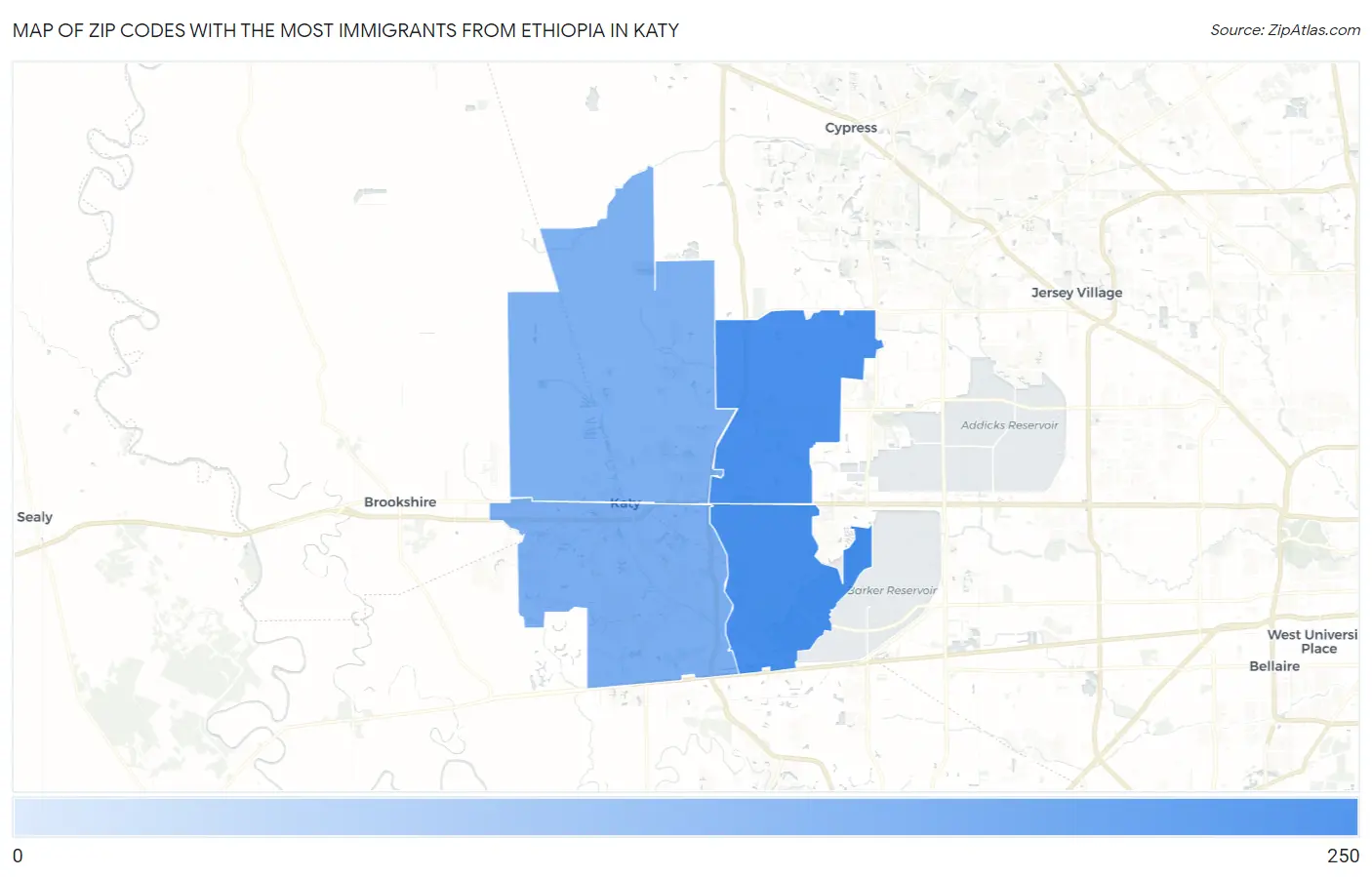 Zip Codes with the Most Immigrants from Ethiopia in Katy Map