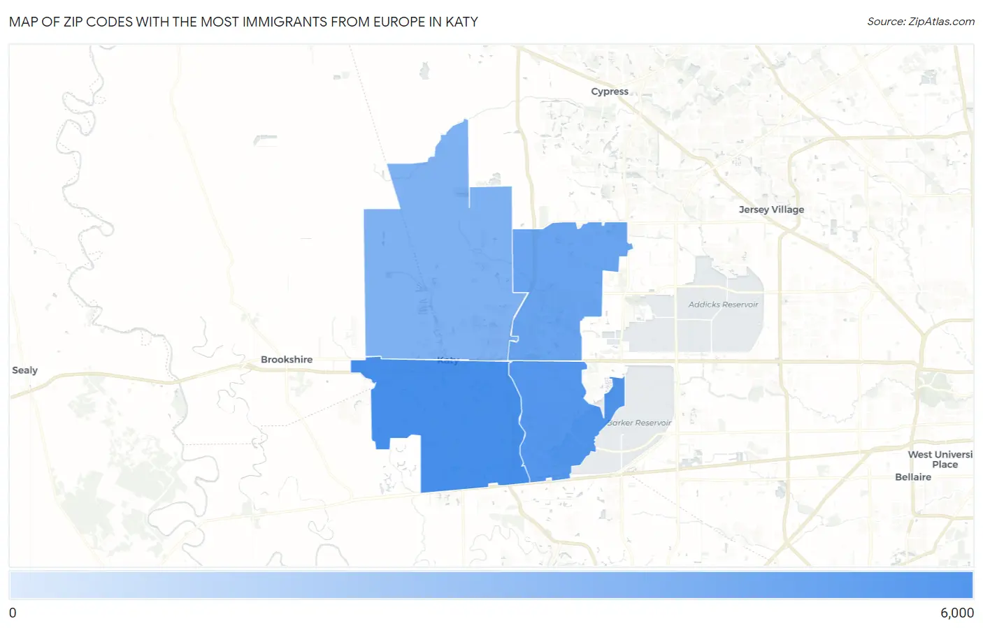 Zip Codes with the Most Immigrants from Europe in Katy Map