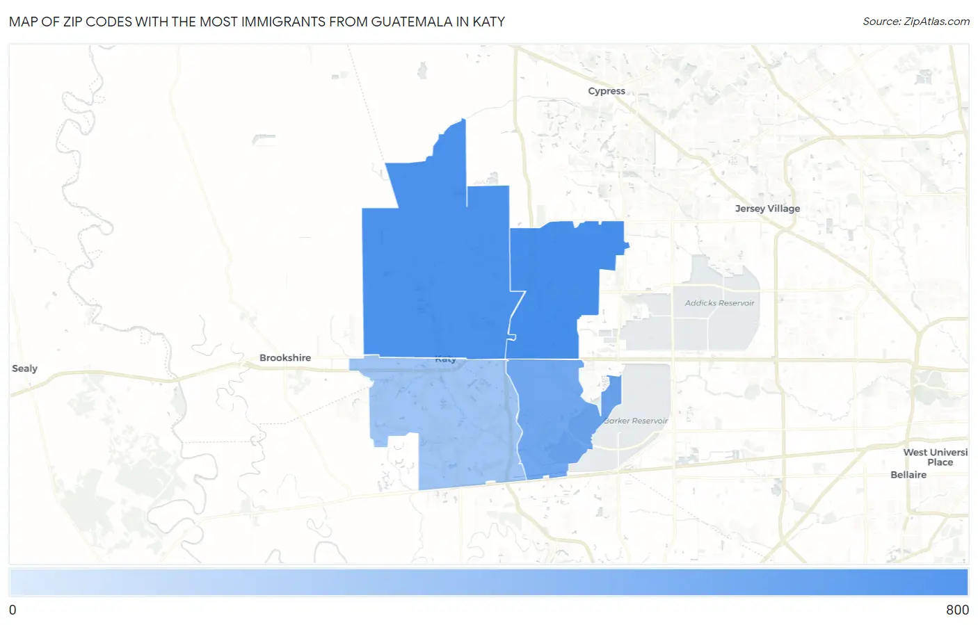 Zip Codes with the Most Immigrants from Guatemala in Katy Map