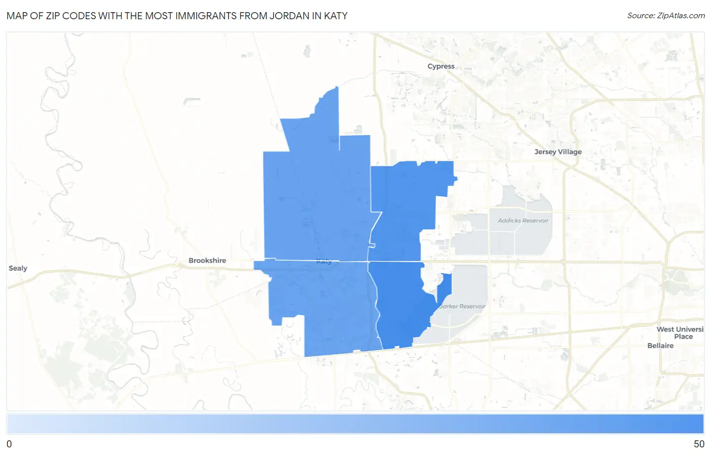 Zip Codes with the Most Immigrants from Jordan in Katy Map