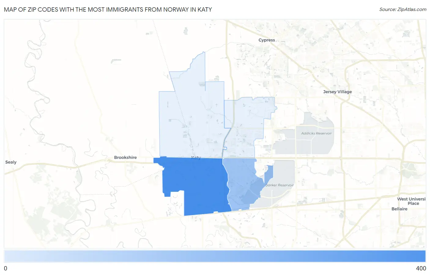 Zip Codes with the Most Immigrants from Norway in Katy Map