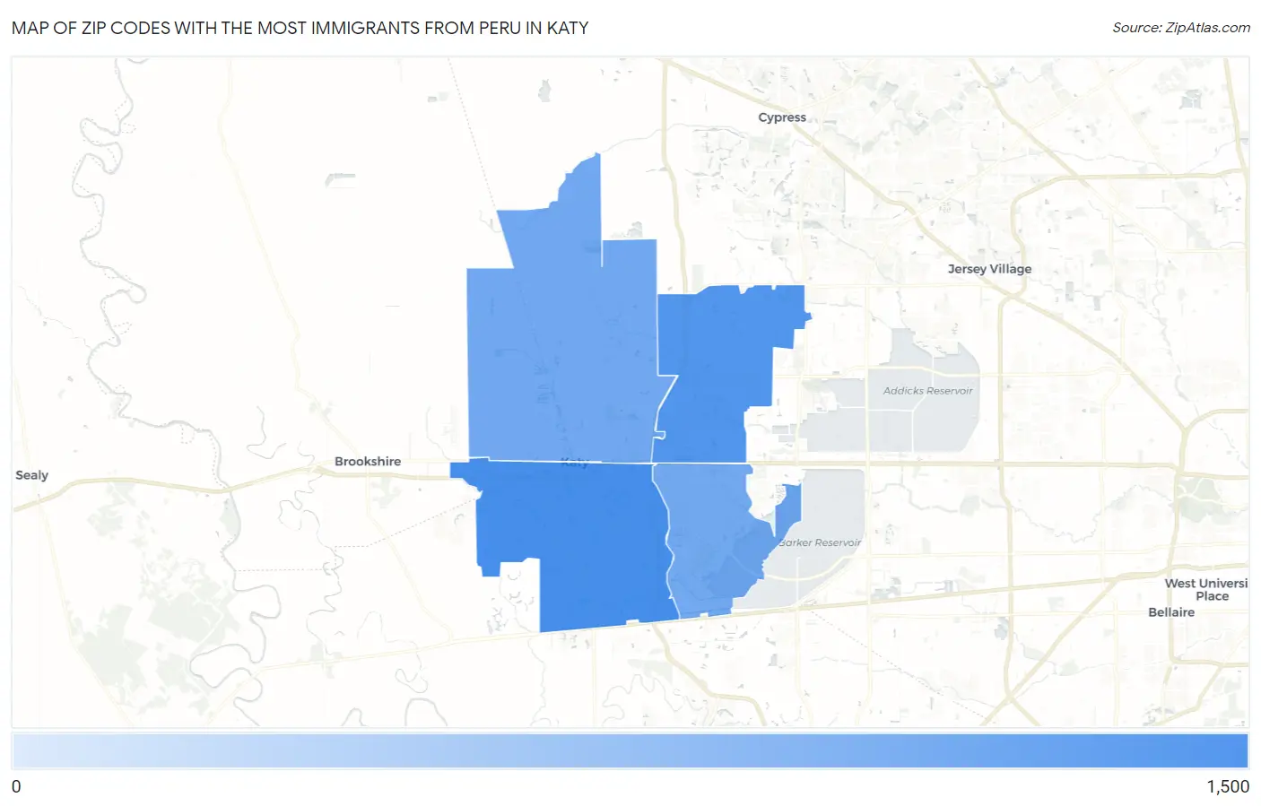 Zip Codes with the Most Immigrants from Peru in Katy Map
