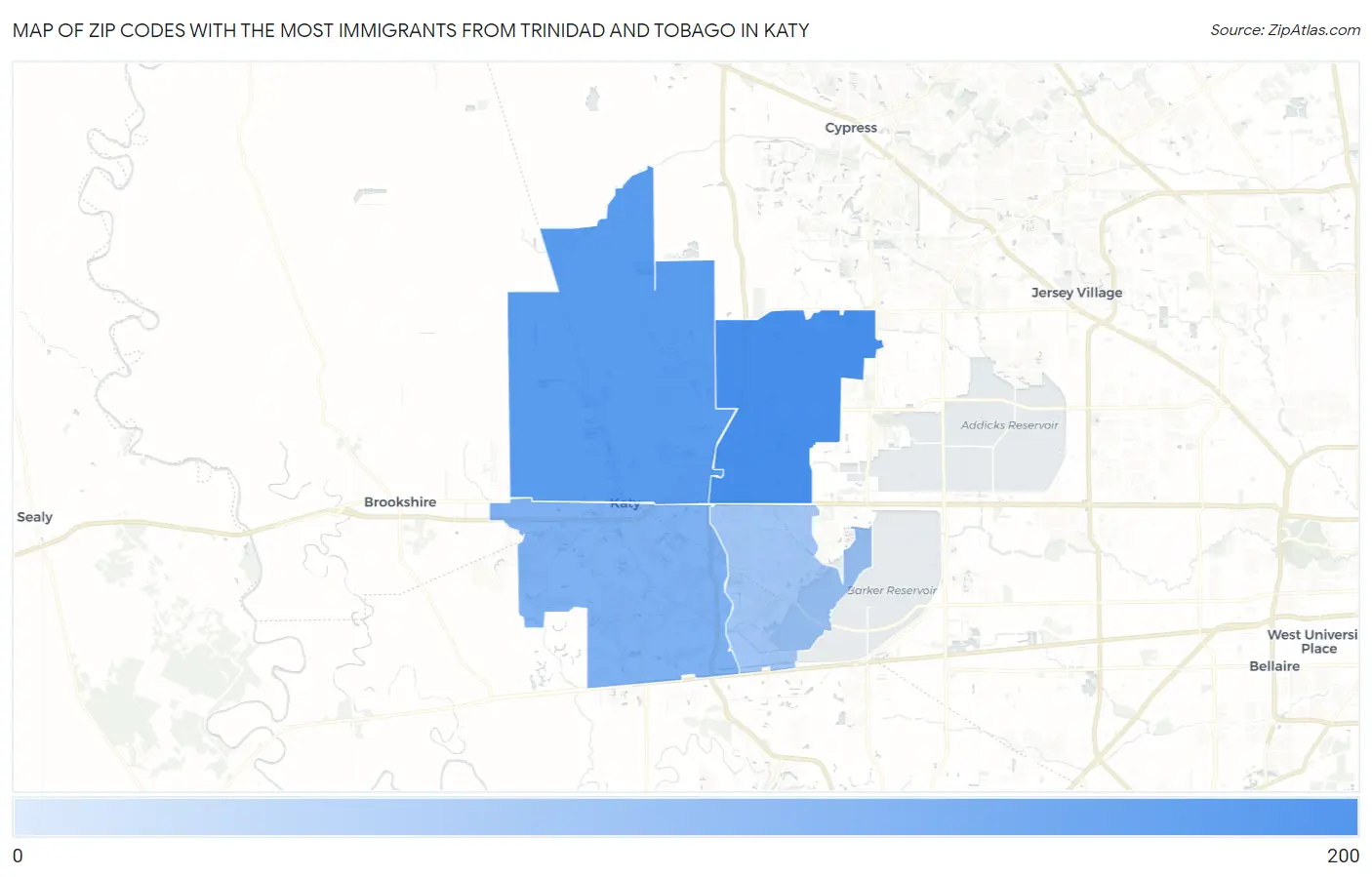 Zip Codes with the Most Immigrants from Trinidad and Tobago in Katy Map
