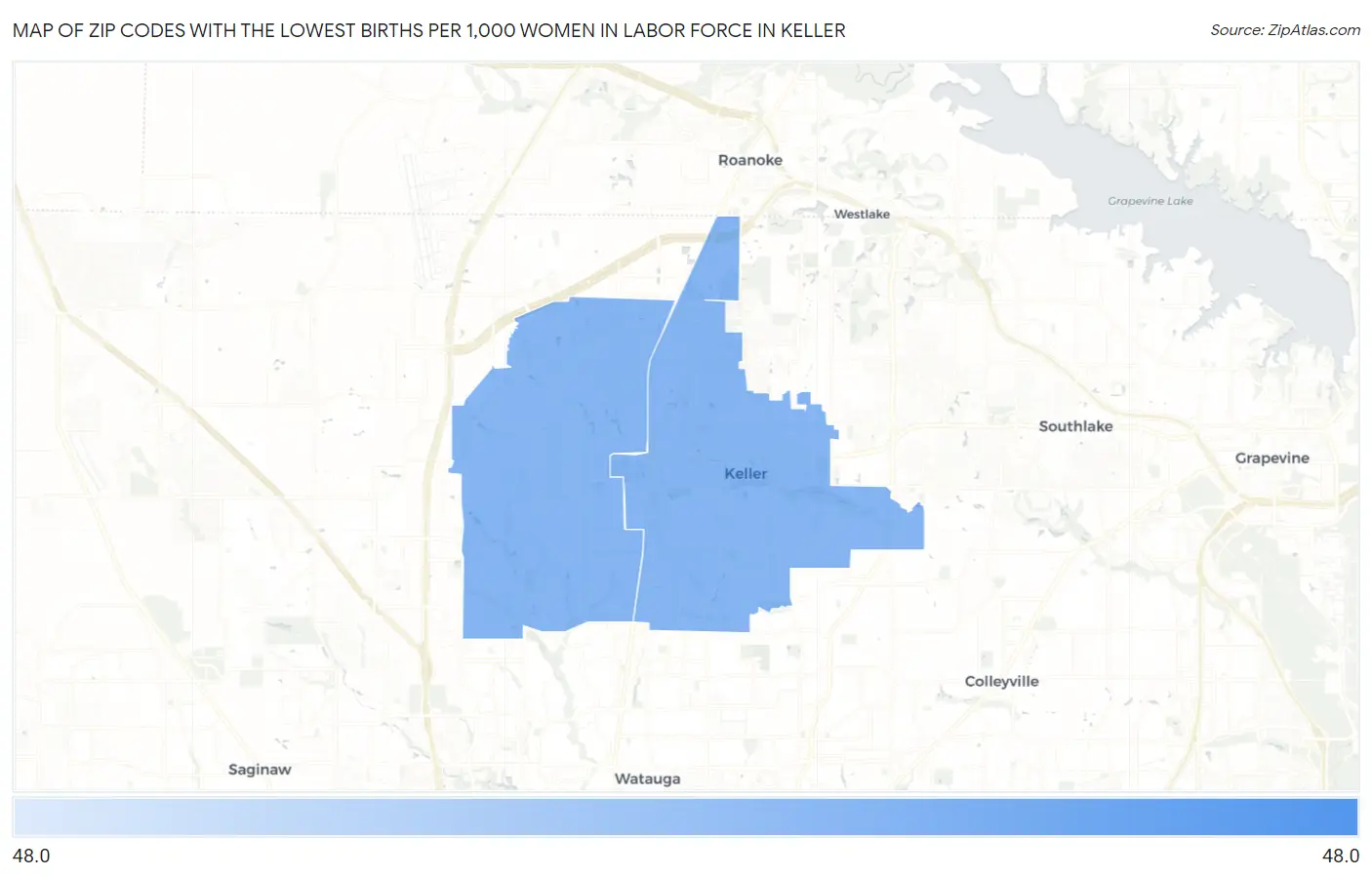 Zip Codes with the Lowest Births per 1,000 Women in Labor Force in Keller Map