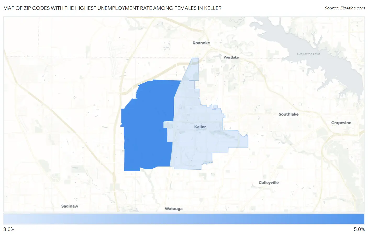 Zip Codes with the Highest Unemployment Rate Among Females in Keller Map