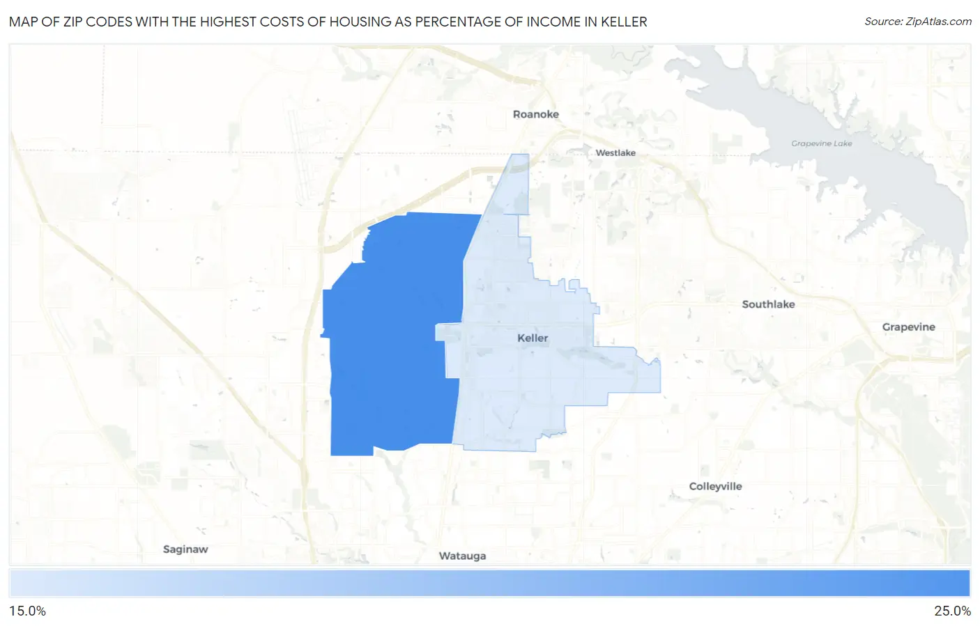 Zip Codes with the Highest Costs of Housing as Percentage of Income in Keller Map