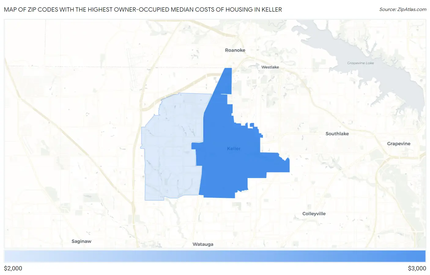Zip Codes with the Highest Owner-Occupied Median Costs of Housing in Keller Map