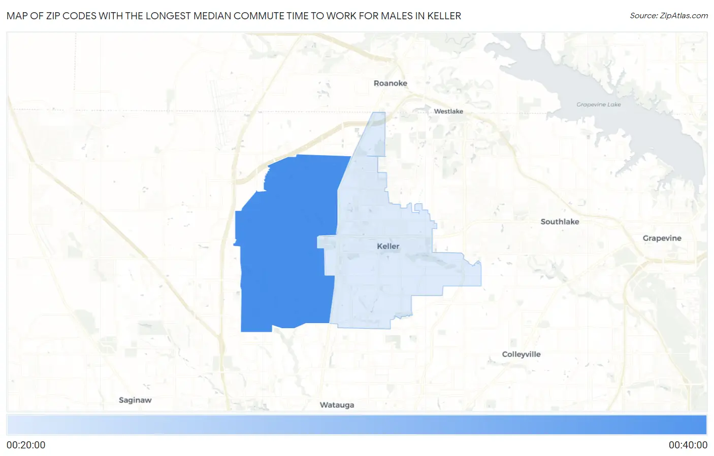 Zip Codes with the Longest Median Commute Time to Work for Males in Keller Map
